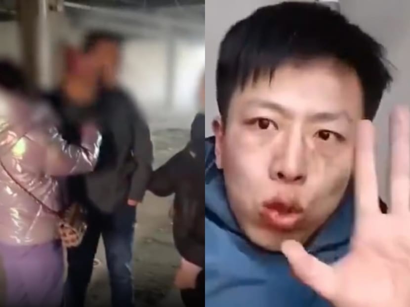 Screenshots from videos on Weibo showing the alleged assault in which suspected cat abuser Lee (pictured right) was kicked, made to slap himself (left) and forced to eat faeces.