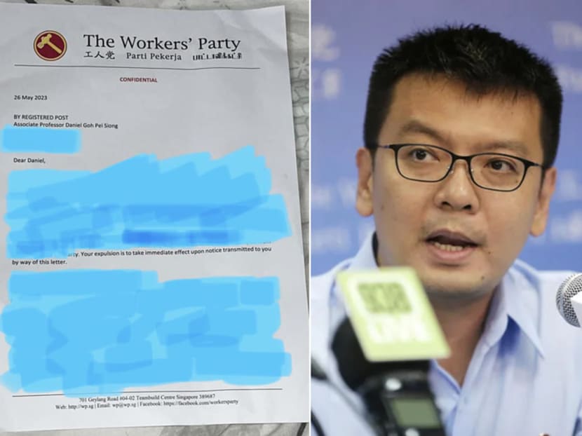 A copy of a letter from the Workers Party with most of its content concealed (left), informing Associate Professor Daniel Goh (right) of his expulsion from the opposition party.