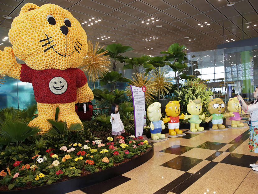 A topiary of Singa the Courtesy Lion at Changi Airport. Mr Lim Siong Guan says he is advocating graciousness as a part of Singapore's character as a nation, not just episodic acts of kindness. Photo: Wee Teck Kian / TODAY