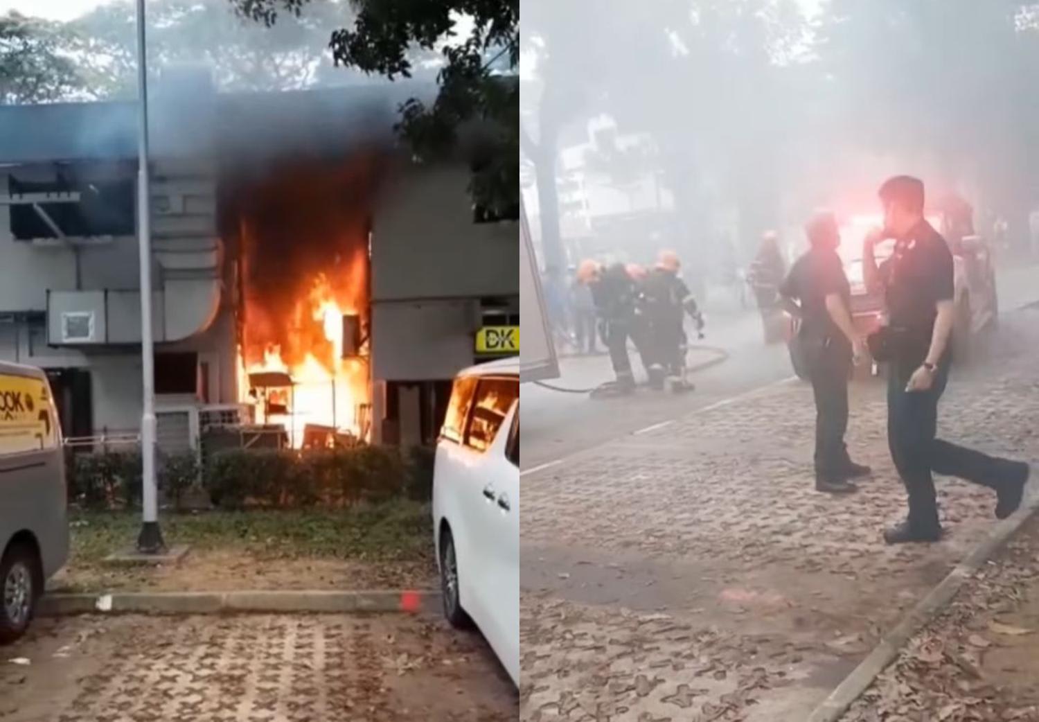In a video posted on Facebook by Ms Camila Tan, thick plumes of smoke can be seen emitted from the raging fire taking place at the back of the two-storey block. In a video posted on Facebook by Ms Camila Tan, thick plumes of smoke can be seen emitted from the raging fire taking place at the back of the two-storey block.