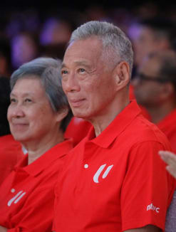 Prime Minister Lee Hsien Loong and his wife Ho Ching at the May Day Rally on May 1, 2024. 