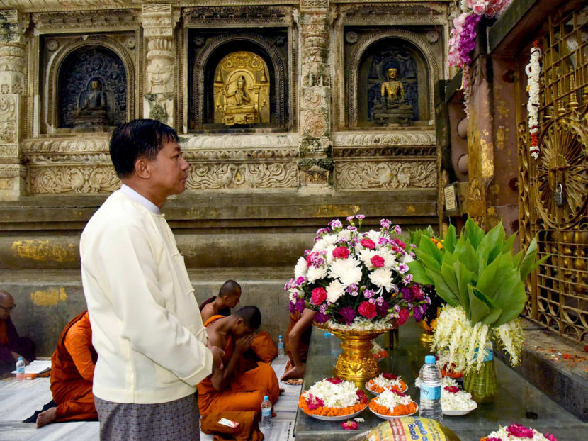 Senior General Min Aung Hlaing, the commander-in-chief of the Myanmar Armed Forces, visiting the Buddhist Mahabodhi Temple in Bodh Gaya, on July 8, during his eight-day trip to India. Gen Hlaing had several top-level meetings, including with Prime Minister Narendra Modi and Defence Minister Arun Jaitley. Photo: AFP