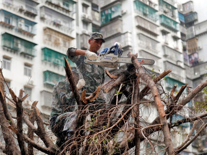 PLA soldiers cutting tree branches after Typhoon Hato hit Macau on Sunday. It ripped through the gambling hub last Wednesday, plunging casinos into darkness and causing floods. Photo: Reuters