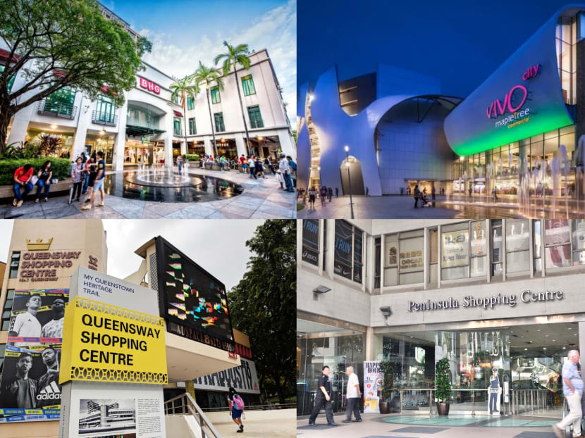 Clockwise from top left: Bugis Junction, VivoCity, Peninsula Shopping Centre and Queensway Shopping Centre.