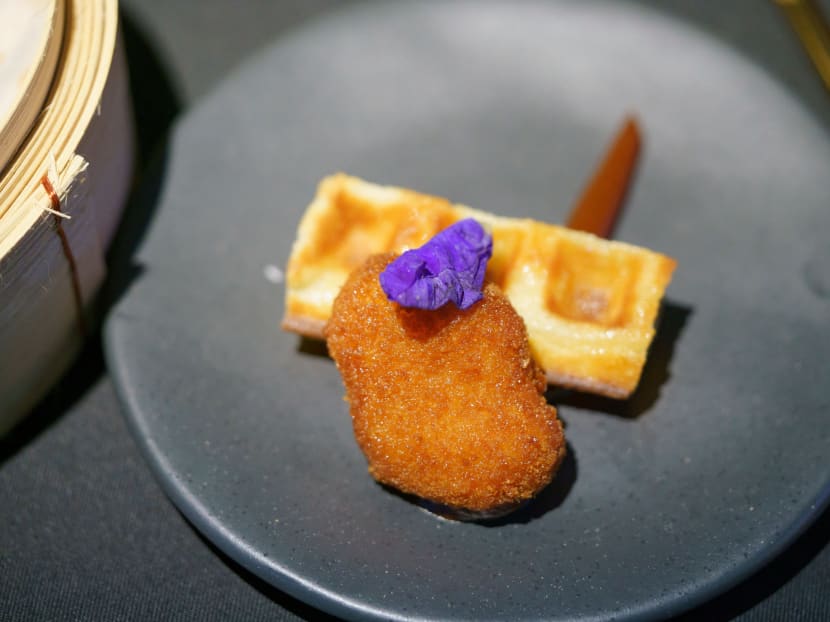 A nugget made from lab-grown chicken meat is seen during a media presentation in Singapore, the first country to allow the sale of lab-grown meat, on Dec 22, 2020.
