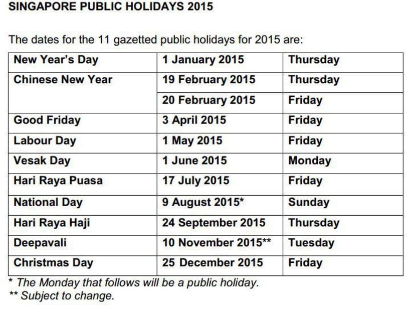 2015 public holidays in Singapore. Source: Manpower Ministry