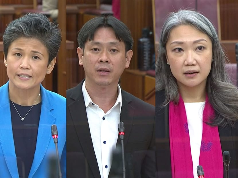 (From left:) Members of Parliament Ms Poh Li San, Mr Louis Ng and Ms Carrie Tan speaking in Parliament on Sept 2, 2020.