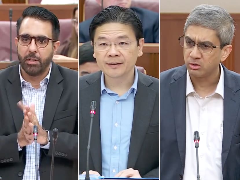 Workers' Party MPs Pritam Singh (left) and Leon Perera (right) had a heated exchange with Deputy Prime Minister Lawrence Wong in Parliament on Feb 24, 2023.