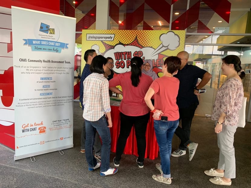 Members of the Community Health Assessment Team (Chat), a national outreach and mental health check programme under the Institute of Mental Health, at an outreach effort at Singapore Polytechnic on July 5. Members of the Community Health Assessment Team (Chat), a national outreach and mental health check programme under the Institute of Mental Health, at an outreach effort at Singapore Polytechnic on July 5.