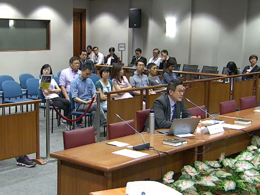 Political activist Han Hui Hui at the public hearing by the Select Committee on deliberate online falsehoods in Parliament House on Thursday (March 29), before she was forcibly removed after causing disruption and refusing to leave despite being asked to do so. Photo: Parliament screencap
