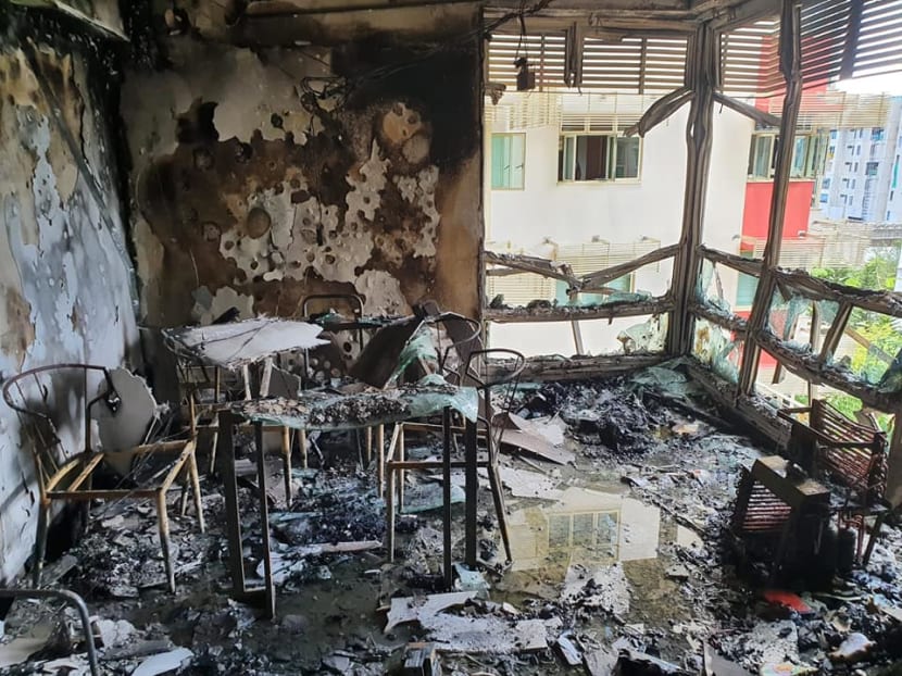 The aftermath of a fire that blazed through a flat in Punggol East.
