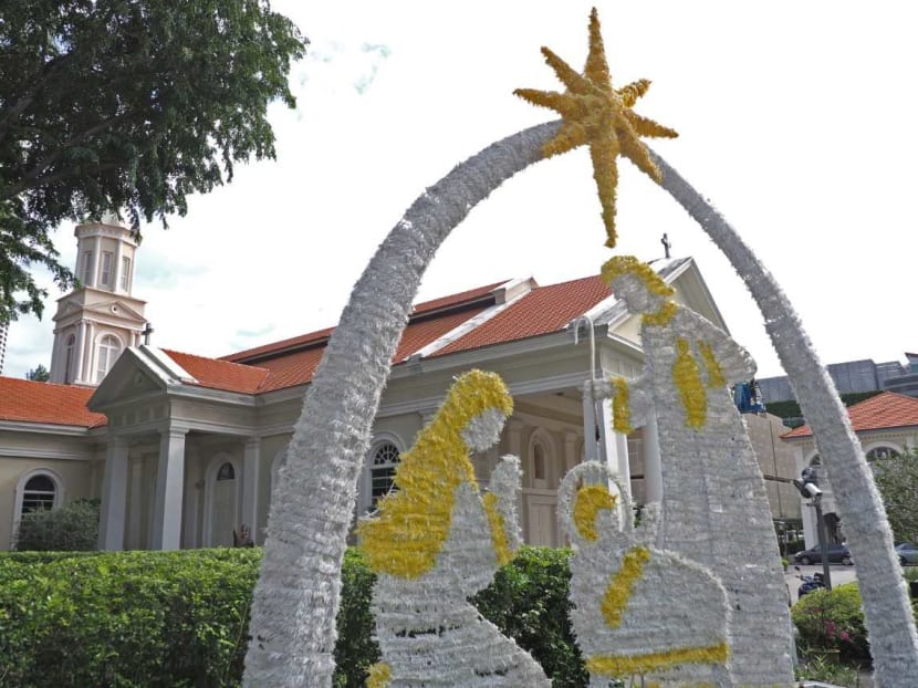 Christmas decorations outside the Cathedral of the Good Shepherd in the Bras Basah district on Dec 11, 2020.