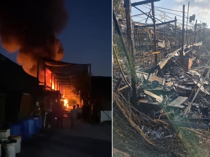 <p>Images of a fire that was raging at Terrascapes plant nursery (left) on July 20, 2022 and its aftermath (right).</p>
