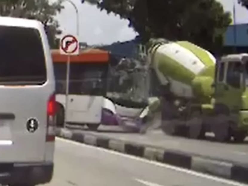 Screengrab of a video circulated on social media showing the accident between an SBS Transit bus and a cement mixer.