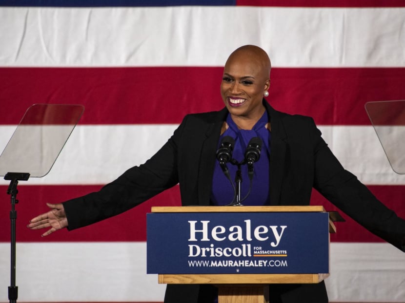 Democrat Congresswoman Ayanna Pressley speaks during a watch party at the Copley Plaza hotel on election night in Boston, Massachusetts on Nov 8, 2022. The US state of Massachusetts on Tuesday elected Democrat Maura Healey as America's first openly lesbian governor, TV networks said.
