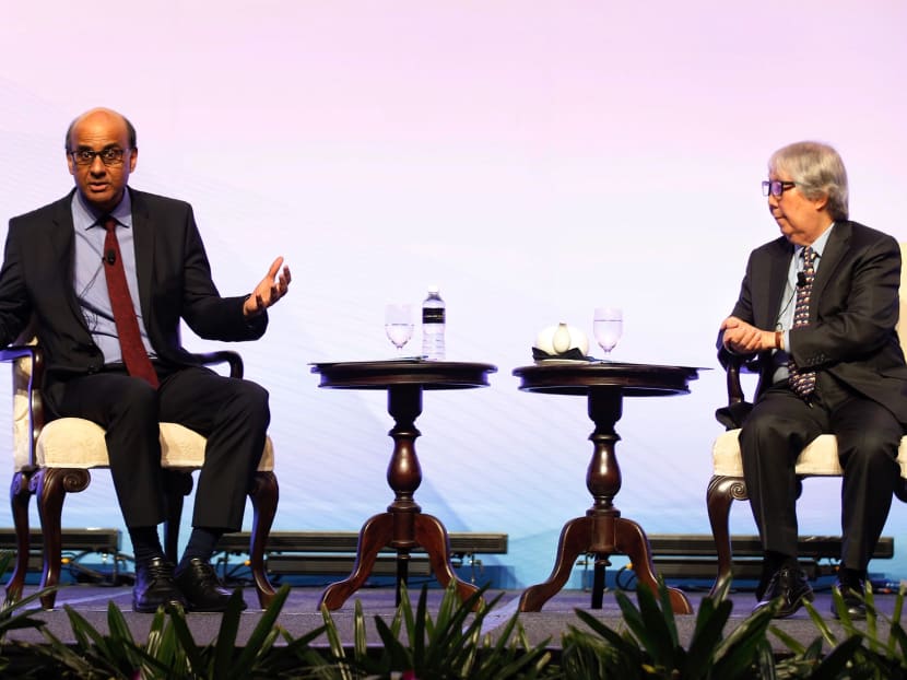 Deputy Prime Minister Tharman Shanmugaratnam (left) and Professor Tommy Koh at a dialogue session on Oct 25, 2018, ahead of a conference to mark the Institute of Policy Studies’ 30th anniversary.
