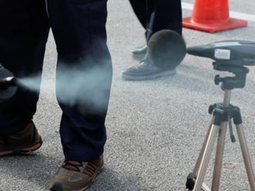 During the enforcement operations, smoky foreign motorcycles undergoing the smoke test were concurrently tested for noise emission. Photo: NEA