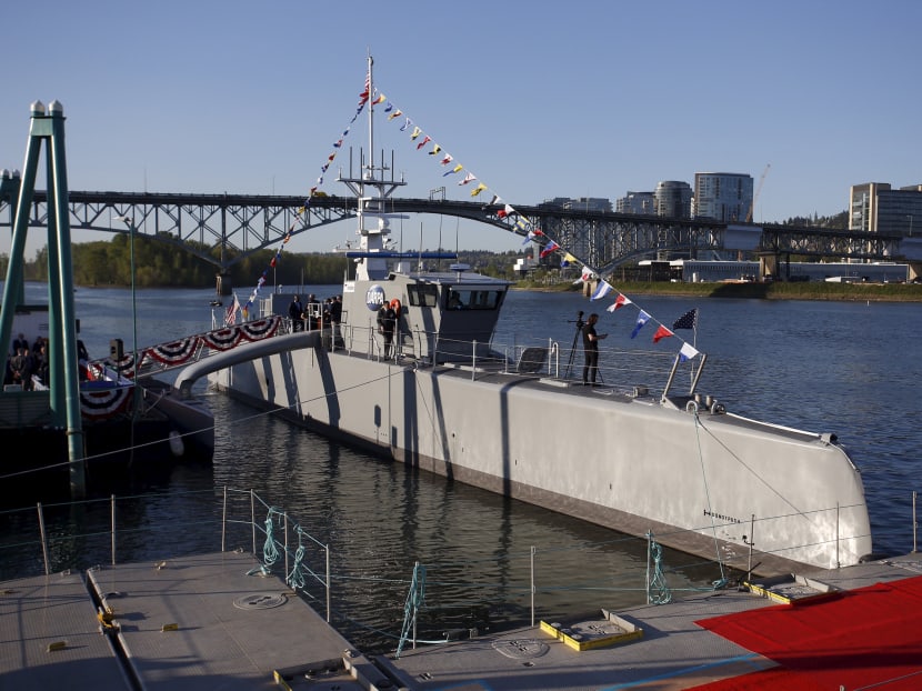 The autonomous ship "Sea Hunter", developed by DARPA, is shown docked in Portland, Oregon before its christening ceremony April 7, 2016. Photo: Reuters