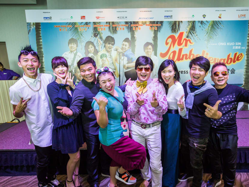 Mr Unbelievable's Chen Tianwen with director Ong Kuo Sin and his suppporting cast, Tosh Zhang, Hayley Woo, Liu Ling Ling, Jaime Teo, Roy Li Feihui and Marcus Chin, at the film's press conference today (Dec 1). Photo: Clover Films