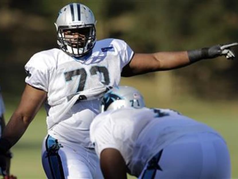 Carolina Panthers' Michael Oher (73) lines up for a drill during the NFL football team's training camp in Spartanburg, South Carolina, on Aug 2, 2015. Photo: AP