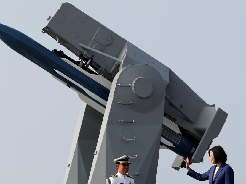 Taiwan's President Tsai Ing-wen waves to the media aboard the PFG-1112 Ming Chuan, a Perry-class guided missile frigate, after a commissioning ceremony at Kaohsiung's Zuoying naval base, on Nov 8, 2018. Taiwan's President Tsai Ing-wen waves to the media aboard the PFG-1112 Ming Chuan, a Perry-class guided missile frigate, after a commissioning ceremony at Kaohsiung's Zuoying naval base, on Nov 8, 2018.