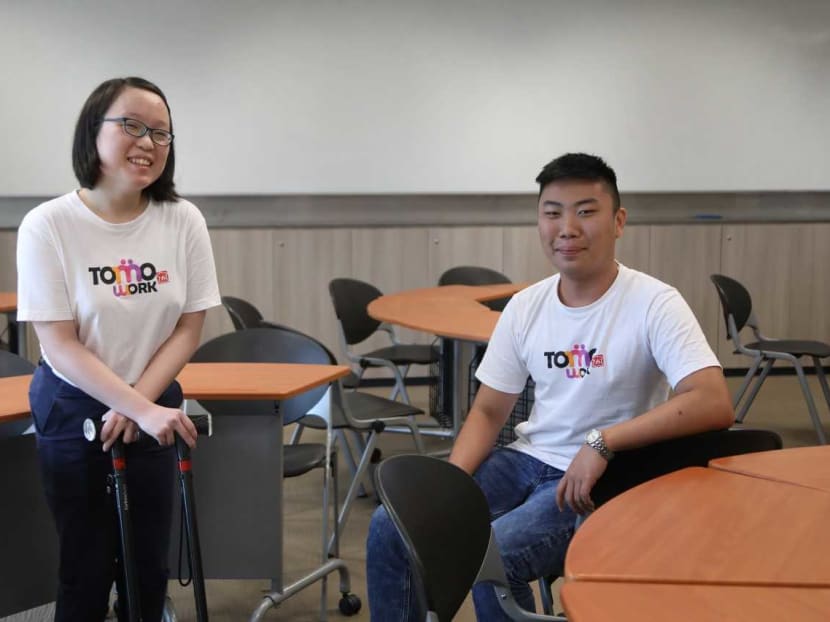 Temasek Polytechnic students Alina Seow (left), who has cerebral palsy, and Rayner Teo, who has a condition called Leber's hereditary optic neuropathy that affects his vision. Temasek Polytechnic students Alina Seow (left), who has cerebral palsy, and Rayner Teo, who has a condition called Leber's hereditary optic neuropathy that affects his vision.