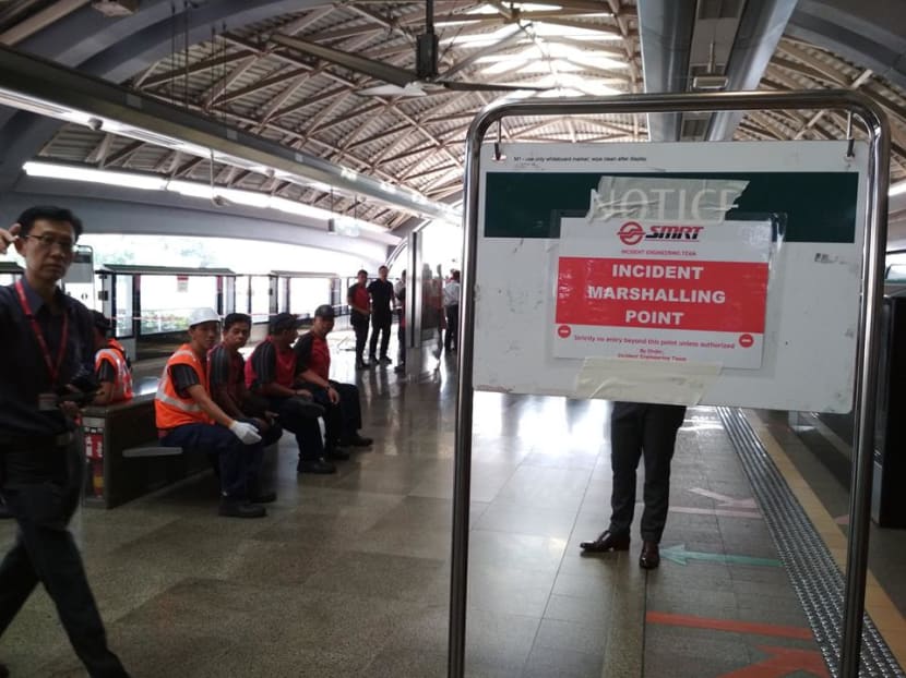 The platform at Joo Koon MRT Station is partially closed after a collision between two trains on Wednesday morning (Nov 15). Photo: Low Youjin/TODAY