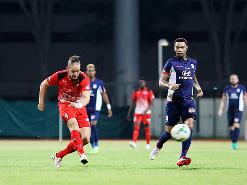 Tampines Rovers (in blue) in action against Home United in their S.League clash at Bishan Stadium on Saturday. The Stags will need to overcome a number of challenges as they face Indian-League champions Bengaluru FC in the first of their two-leg quarter-final tomorrow evening in Bangalore, India. Photo: S.League