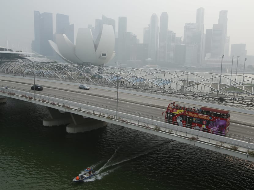 A tourist bus passes the skyline of the central business district shrouded by haze in Singapore September 29, 2015. Photo: Reuters