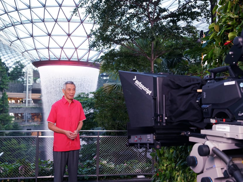 Prime Minister Lee Hsien Loong delivering his National Day message at Jewel Changi Airport on Aug 8, 2019.