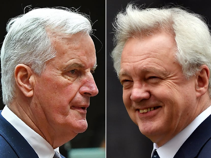 A combination of file pictures of European Commission member in charge of Brexit negotiations with Britain, Michel Barnier (left) at the general affairs council at the European Council in Brussels on May 22, 2017 and British Secretary of State for Exiting the European Union (Brexit Minister) David Davis arriving to attend a weekly cabinet meeting at in London on March 14, 2017. Photo: AFP
