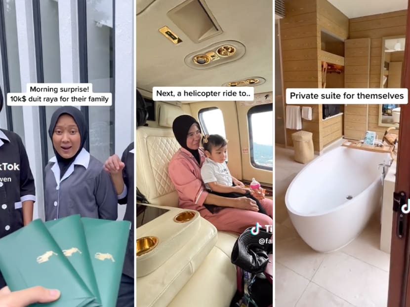 Ms Farah MJ's TikTok video showed a day of surprises for her three domestic workers, from receiving cash gift (left) to taking a helicopter ride (centre) to checking into a resort suite in Johor, Malaysia (right).