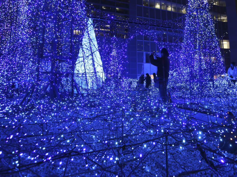 A visitor watches the illumination ahead of the Christmas at Tokyo on Nov 26, 2015. Photo: AP