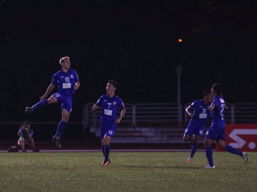 Tampines striker Ivan Dzoni leaping into the air with joy after scoring his side's opening and only goal of the game. Photo: S.League