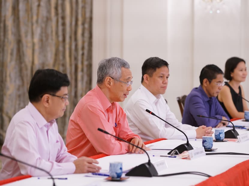 Left to right: Deputy Prime Minister Heng Swee Keat; Prime Minister Lee Hsien Loong; Trade and Industry Minister Chan Chun Sing; Dr Maliki Osman, Second Minister for Foreign Affairs; and Ms Gan Siow Huang, Minister of State for Education at a media briefing on the latest Cabinet appointments.