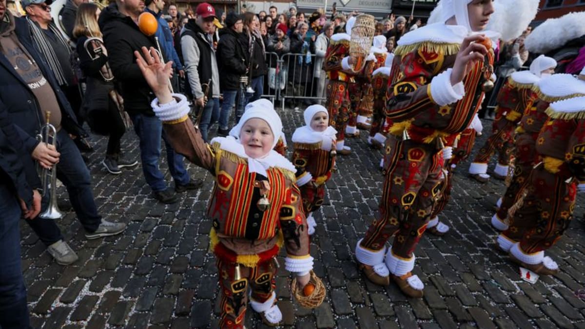 Dengan bulu burung unta dan jeruk terbang, karnaval Belgia kembali setelah COVID