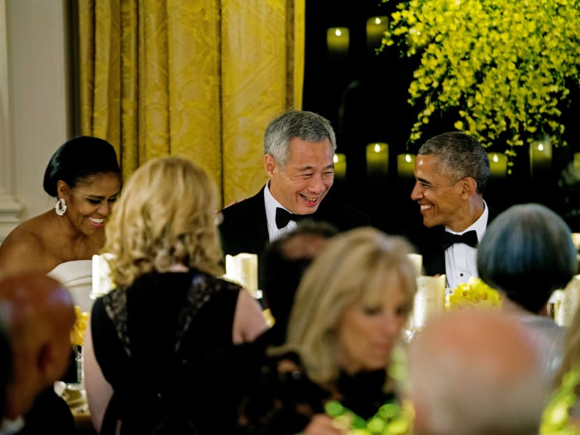 President Barack Obama with Prime Minister Lee Hsien Loong at the state dinner at the White House on Wednesday (Aug 3). A joint statement released earlier in the day revealed plans for future collaborations in areas ranging from trade and defence to climate change. Photo: AFP