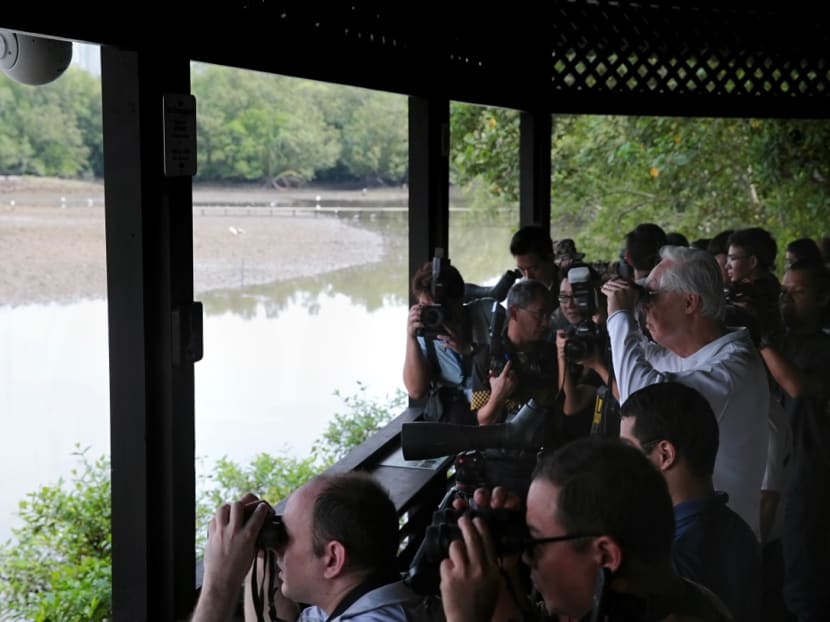 ESM Goh Chok Tong (centre, in white) uses a binoculars to observe wildlife at Sungei Buloh. He was the Guest-of-Honour at the 25th anniversary celebration of Sungei Buloh Wetland Reserve, where it was announced that the Mandai mangrove and mudflats would be Singapore’s newest nature park, October 7, 2018.