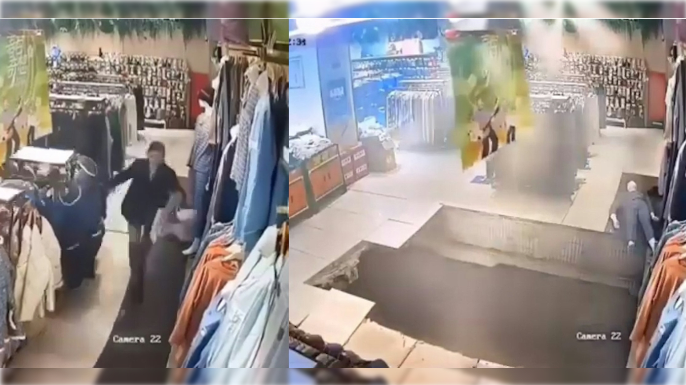 中国江苏商场地板坍塌  女子惨被“吞掉”