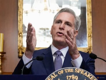 US House Speaker Kevin McCarthy speaks to reporters in the US Capitol after the House of Representatives passed a stopgap government funding bill to avert an immediate government shutdown, on Capitol Hill in Washington, US on Sept 30, 2023.