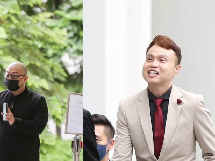 Terry Xu (left), the former chief editor of The Online Citizen, and Daniel De Costa (right), former writer of The Online Citizen arrive at the State Courts on Apr 21, 2022.