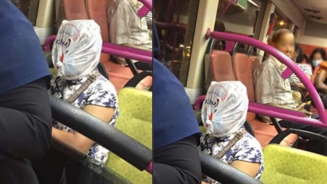 妇女头戴塑料袋搭巴士 网民热议：双重保护