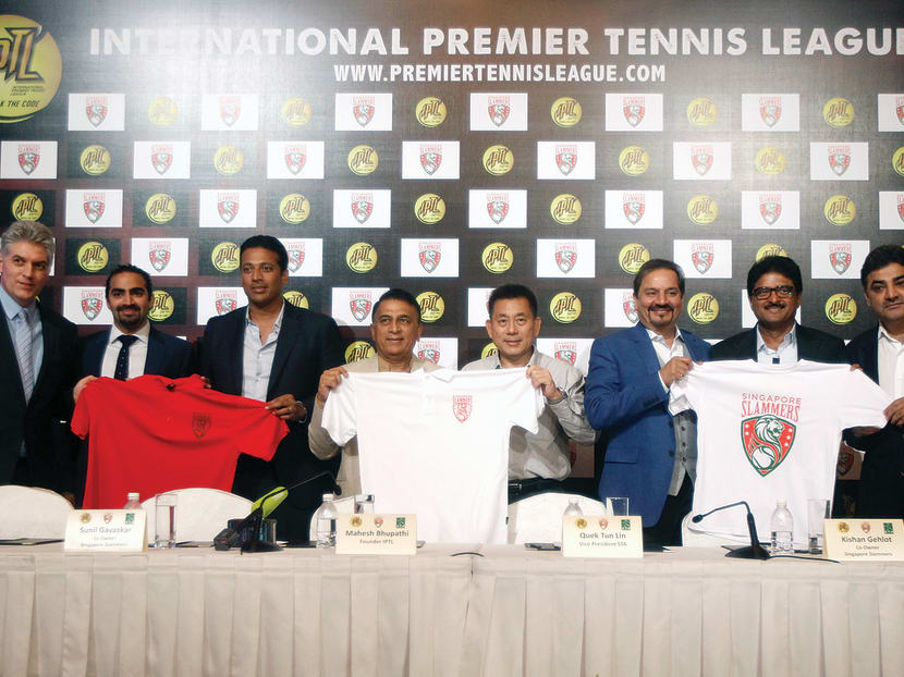 IPTL founder Mahesh Bhupathi (third from left) is confident the team will be a big hit with Singapore tennis fans. The Slammers are owned by Indian businessmen including Sunil Gavaskar (fourth from left), Ajay Sethi (right), Shashi Kiran Shetty (second from right) and Kishan Gehlot (third from right).  PHOTO: WEE TECK HIAN