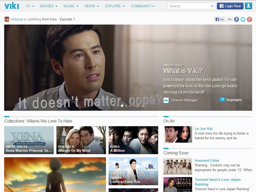 The home page of Singapore-based video-streaming online service Viki.