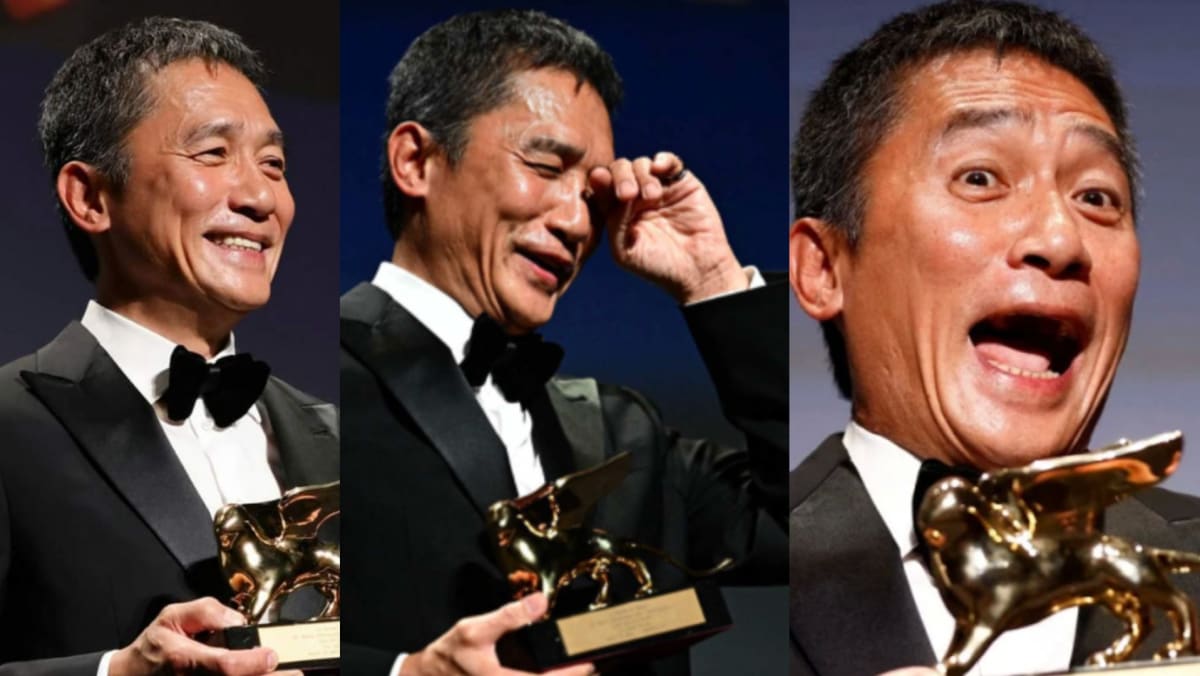 Tony Leung had the cutest expressions when receiving his lifetime achievement award at the Venice Film Festival