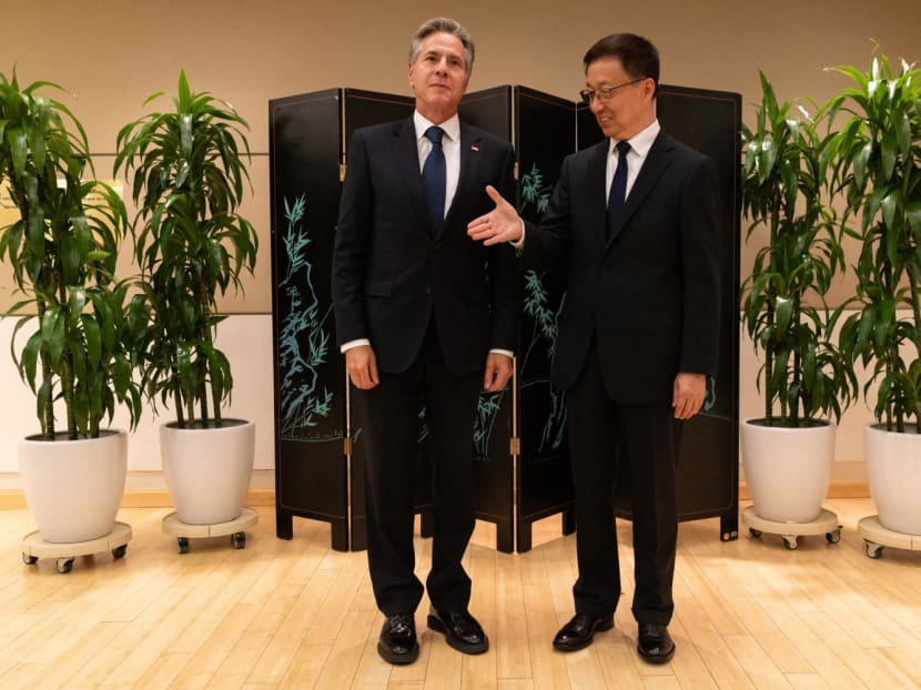 US Secretary of State Antony Blinken and Chinese Vice President Han Zheng stand for a photo while meeting in New York City on Sept 18, 2023, ahead of the 78th United Nations General Assembly.