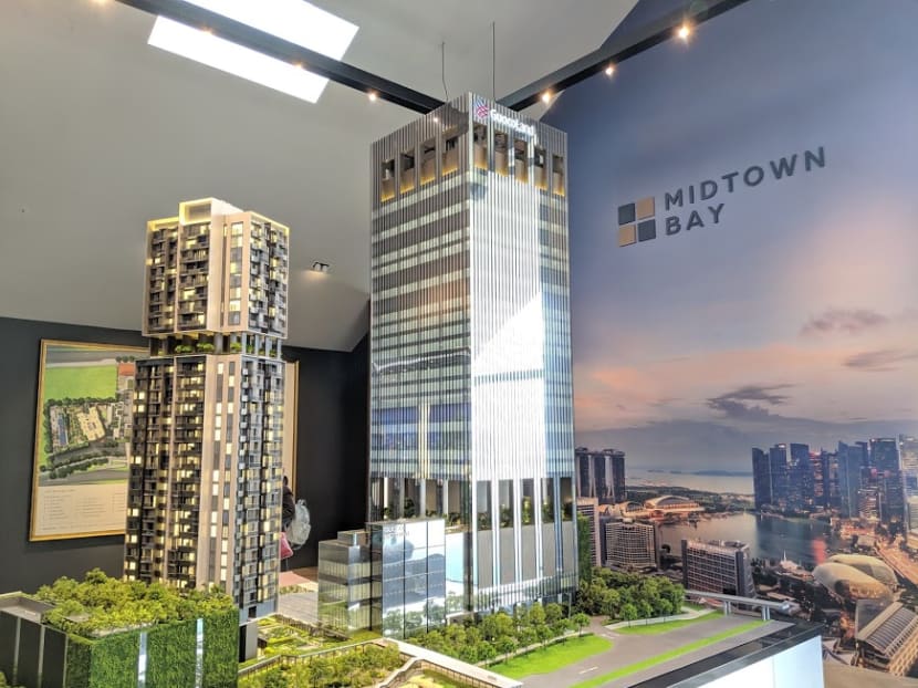 A mock-up of the Midtown Bay residential project (left), which is part of developer GuocoLand's S$2.4 billion Guoco Midtown development, which includes a 30-storey office tower.