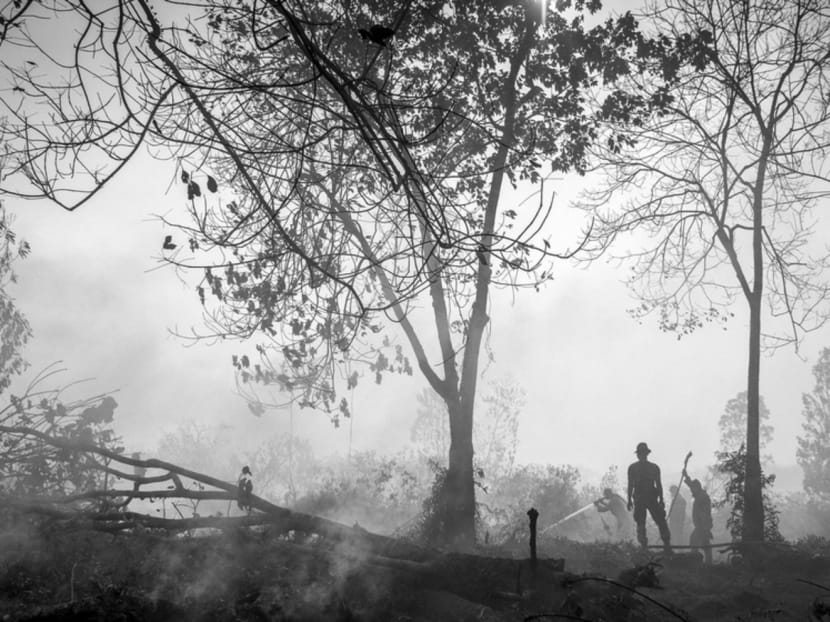 Indonesian police dousing a peatland fire in Riau last month. Firefighting costs are now heading towards S$70 million per week, financed by Indonesian taxpayers at a time of slowing growth. Photo: Reuters