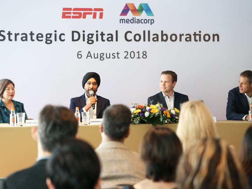 (2nd from left) Mediacorp Chief Commercial and Digital Officer Parminder Singh speaks during the ESPN and Mediacorp Strategic Digital Collaboration ceremony on August 6, 2018. (2nd from left) Mediacorp Chief Commercial and Digital Officer Parminder Singh speaks during the ESPN and Mediacorp Strategic Digital Collaboration ceremony on August 6, 2018.