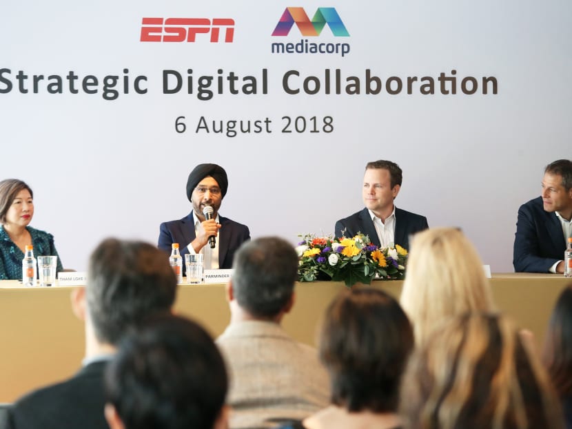 (2nd from left) Mediacorp Chief Commercial and Digital Officer Parminder Singh speaks during the ESPN and Mediacorp Strategic Digital Collaboration ceremony on August 6, 2018.